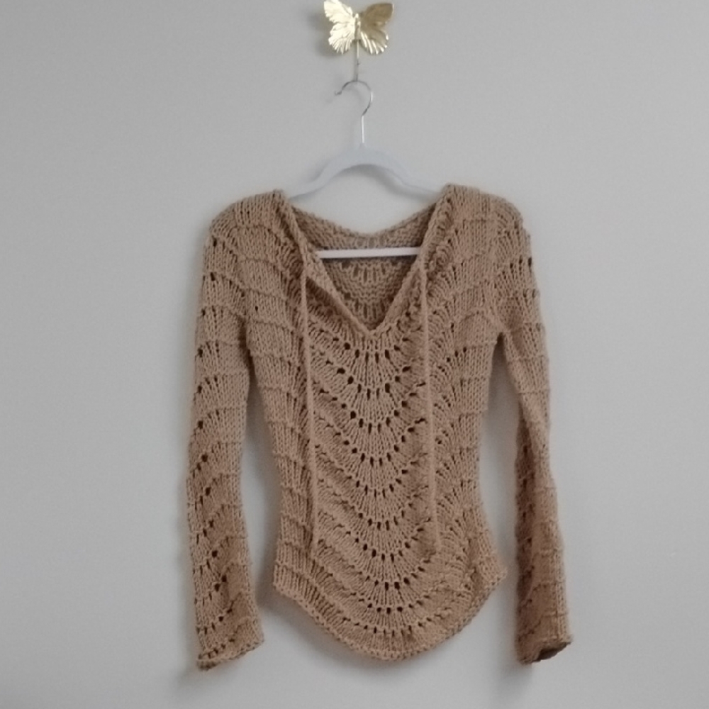 Y2K Boho Coquette Cottagecore Festival  Beach Tan Open Knit Tie Front Sweater - Picture 2 of 14